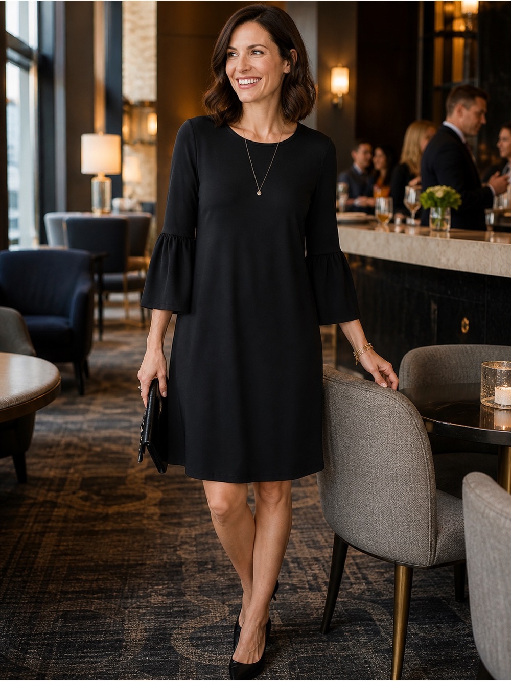 White House Black Market Black A-Line Dress Medium NWT Bell Sleeve LBD Travel